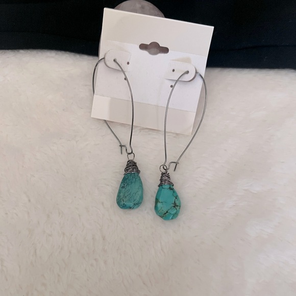 Long Turquoise Dangle Gunmetal Wire Wrapped Earrings - Picture 1 of 4